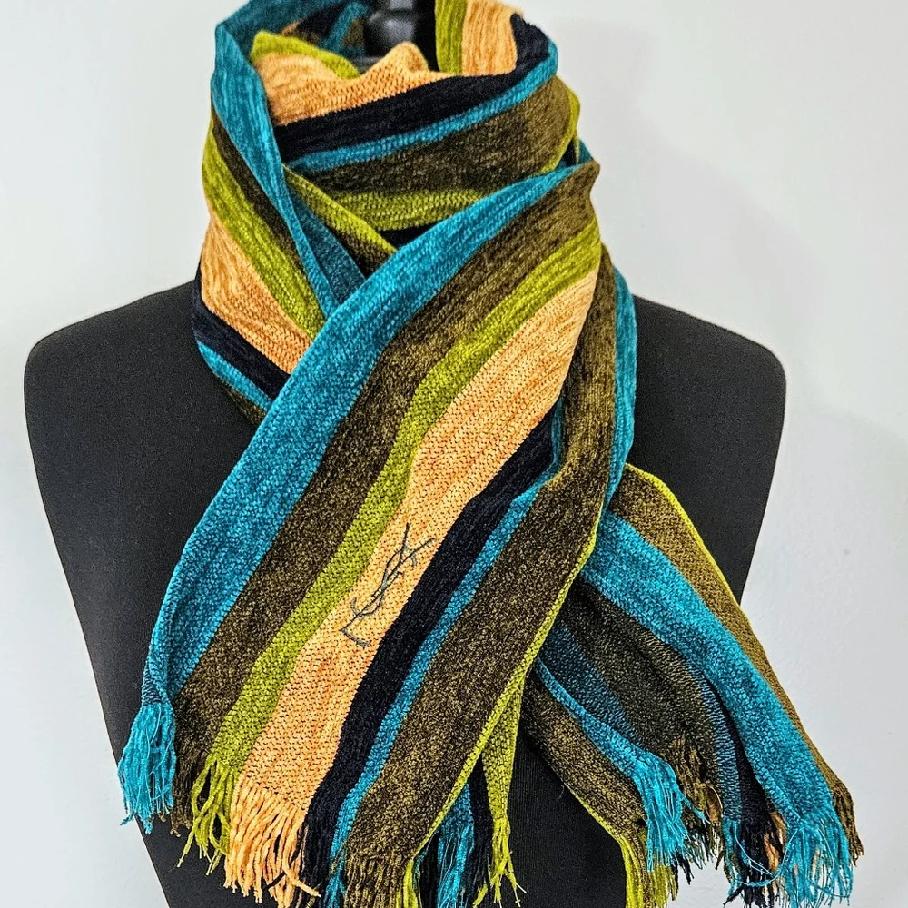 YSL Chenille scarf Striped fringed designer luxury